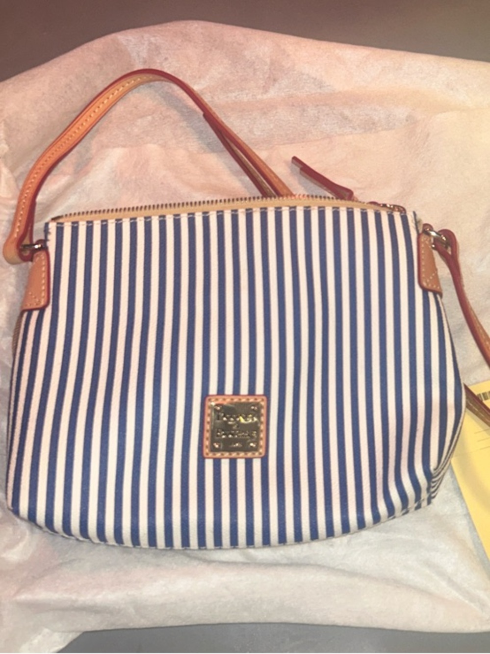 Dooney & Bourke Blue and White Striped Crossbody with Tan Trim